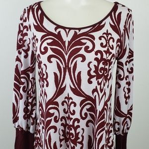 Loila Top Small Maroon Damask Floral Long Sleeve